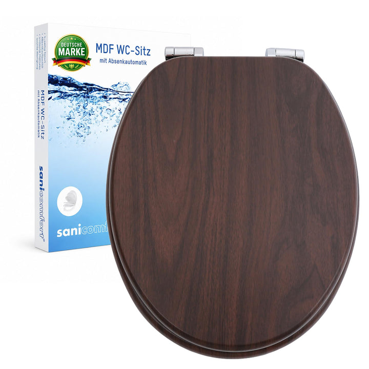 sanicomfort WC Sitz Wood dark, MDF Holzkern, mit Absenkautomatik, Toilettensitz mit Klodecken, Klobr