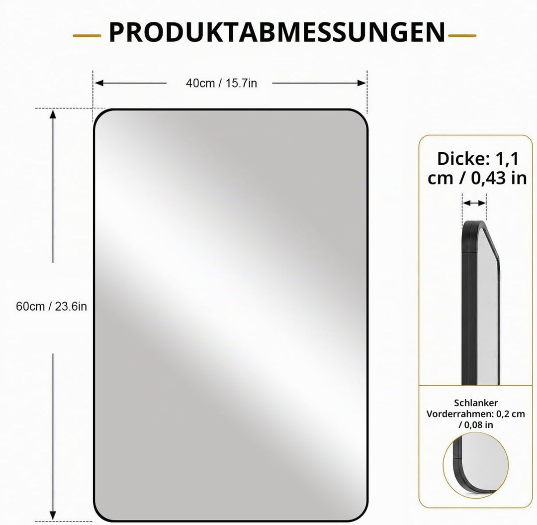 Schwarzer Rahmenspiegel 40 x 60 cm, rechteckiger Badezimmer-Wandspiegel, hängend horizontal/vertikal