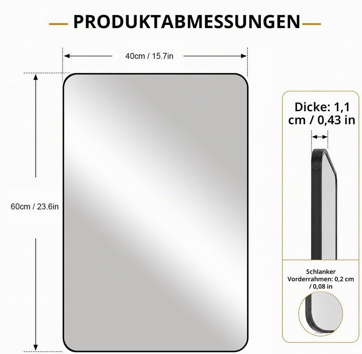 Schwarzer Rahmenspiegel 40 x 60 cm, rechteckiger Badezimmer-Wandspiegel, hängend horizontal/vertikal