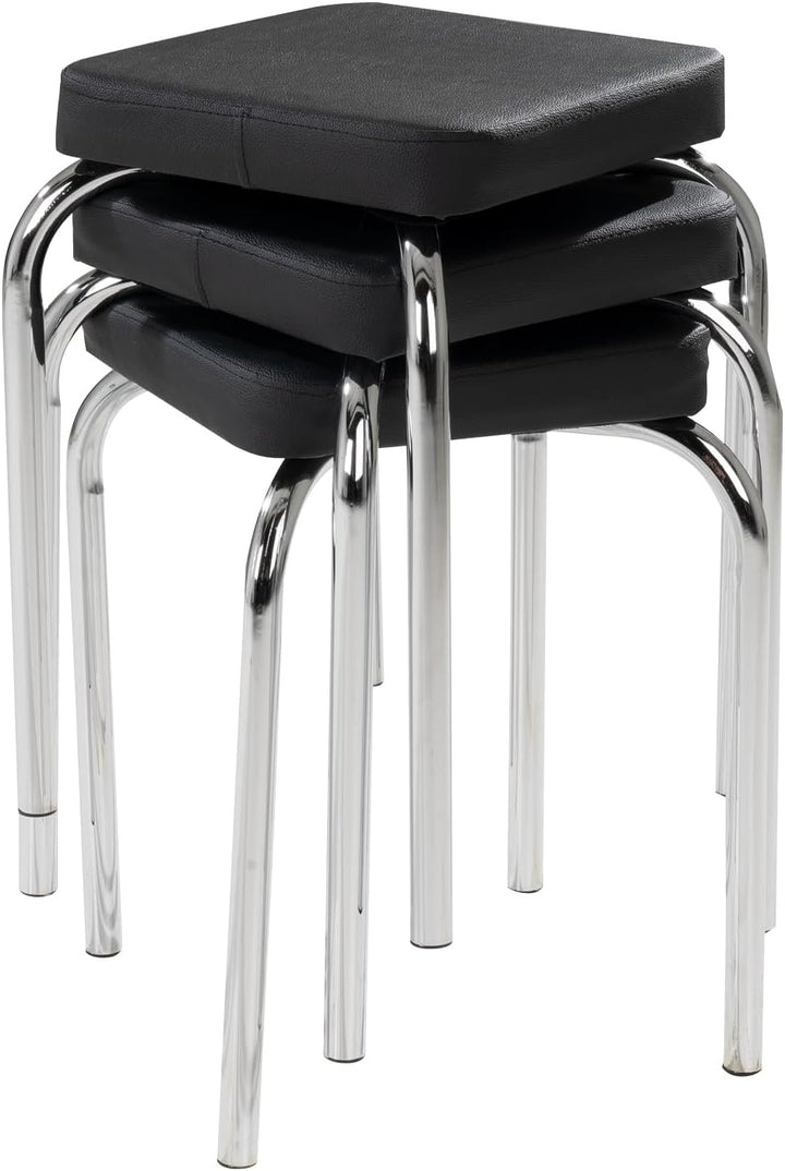 Sitzhocker 2er Set - Stapelbar - Belastbar bis 90 kg - 36x47x36 cm - Schwarz - Chromfarben - Metall
