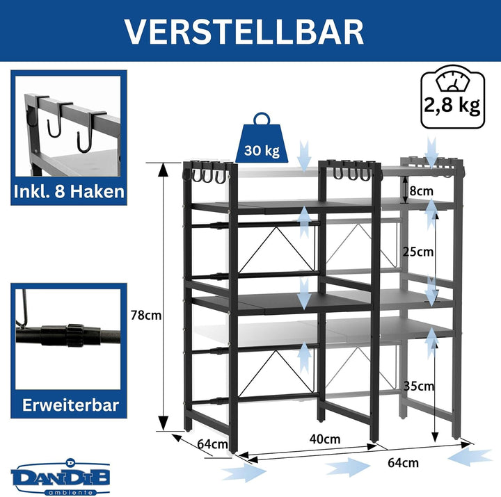 DanDiBo Verstellbares Küchenregal für Arbeitsplatte Schwarz Stehend 3 Stufig 40-64 cm Regal Küche 96
