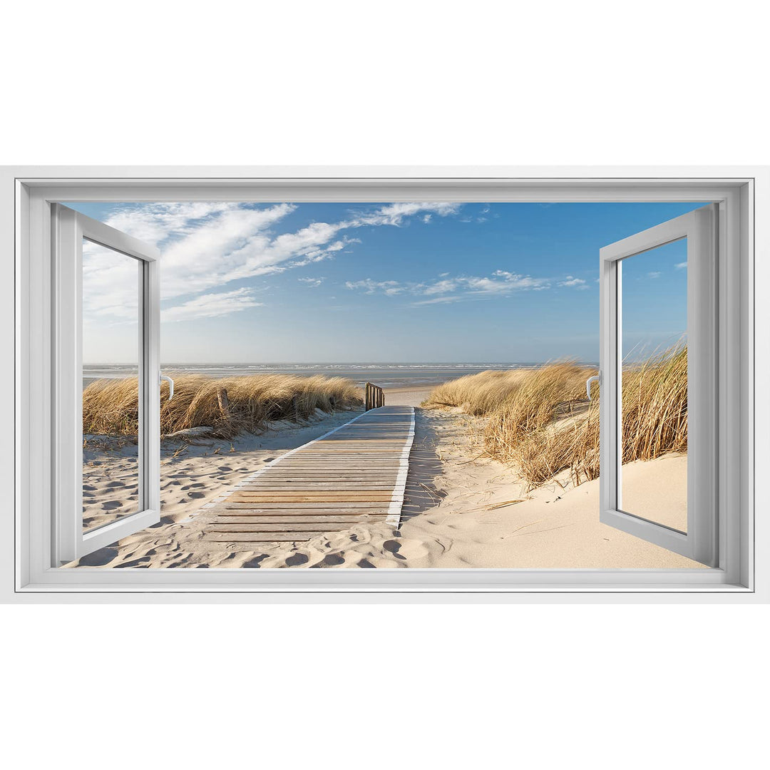 islandburner Bild auf Leinwand Fensterblick Weg zum Strand auf Langeoog durch die Dünen mit der Nord