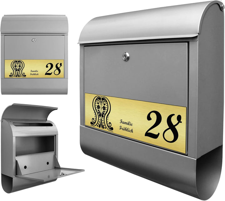 banjado® Briefkasten personalisiert mit graviertem Namensschild in Gold/Briefkasten silberfarben 39x