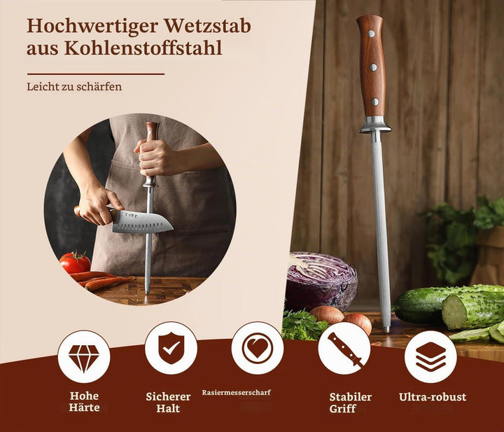 HEZHEN Wetzstab aus Hartstahl，Hochwertiger Messerschärfen, Wetzstab für Küchenmesser, Honingstab mit