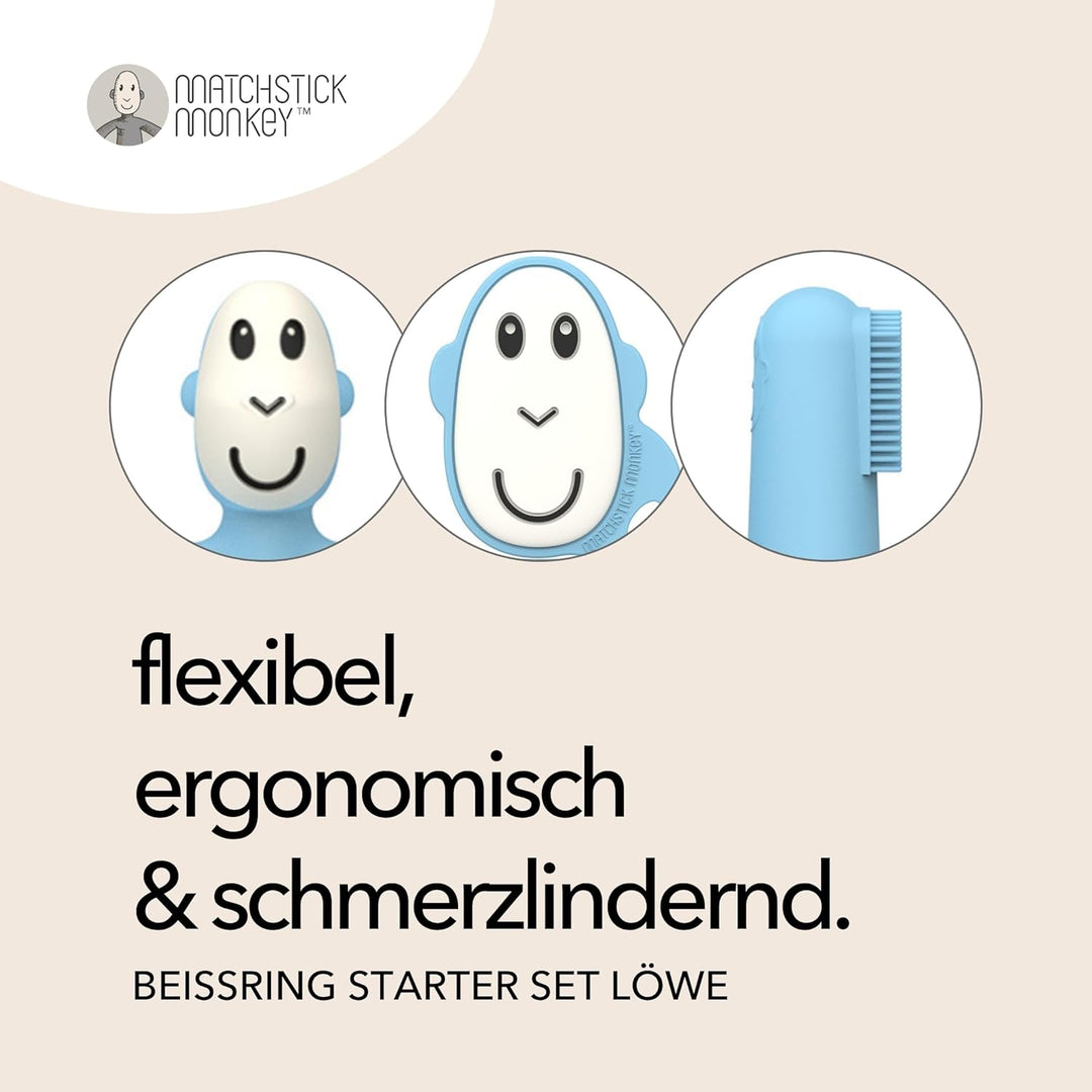 Matchstick Monkey Zahnungs Starter-Set – Flacher Beissring, Tier-Beissring & 2 Silikon-Fingerzahnbür