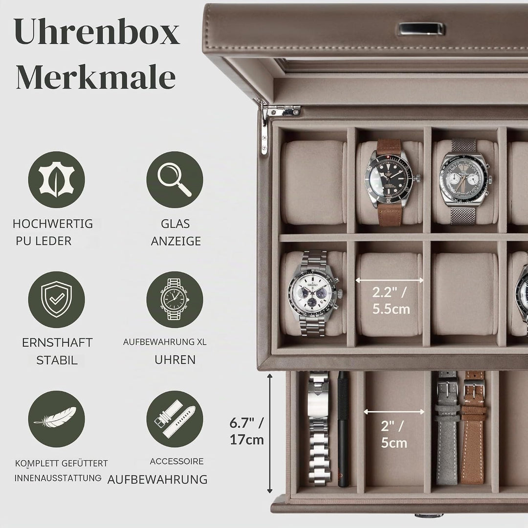 TAWBURY 8-Fach-Uhrenbox mit Aufbewahrungsschublade – Premium-Uhrenaufbewahrungsbox für Herren (Taupe
