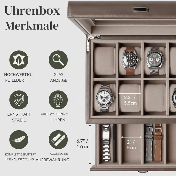 TAWBURY 8-Fach-Uhrenbox mit Aufbewahrungsschublade – Premium-Uhrenaufbewahrungsbox für Herren (Taupe