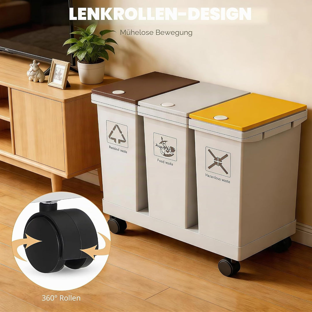 Mobiles Mülleimer Küche 3 x 12 L mit Rollen Mülltrennsystem 3 Fächer mit Druckdeckeln für Zuhause un