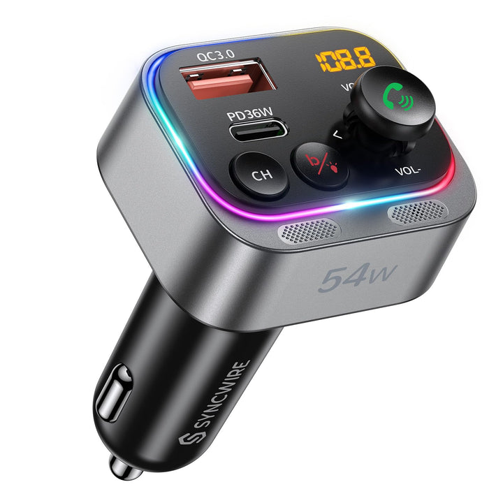 Syncwire FM Transmitter 5.4 Bluetooth Adapter Auto 54W PD & QC 3.0 USB C Auto Ladegerät [Stärkere Du