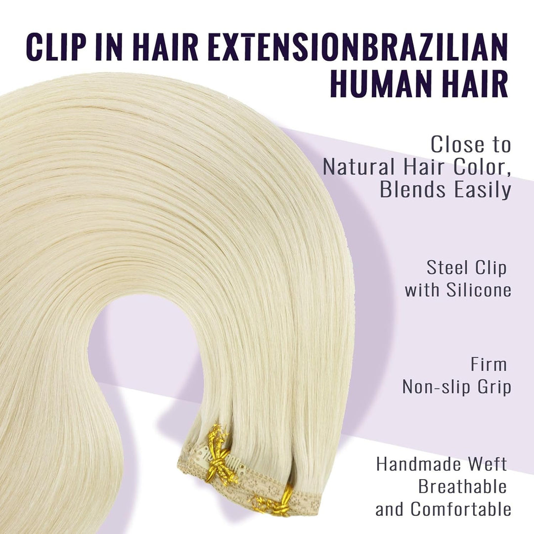 Fshine Clip in Extensions Echthaar 45cm Extensions Faber Platinblond Voller Kopf Remy Haarverlängeru