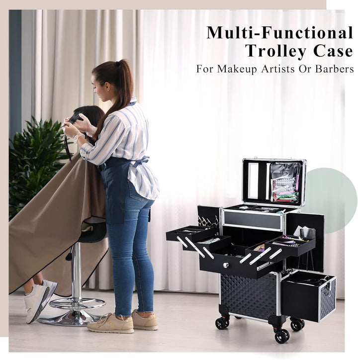 Kosmetik Trolley Friseurkoffer mit Schublade und Spiegel Kosmetikkoffer mit 4 Tabletts Make up Koffe