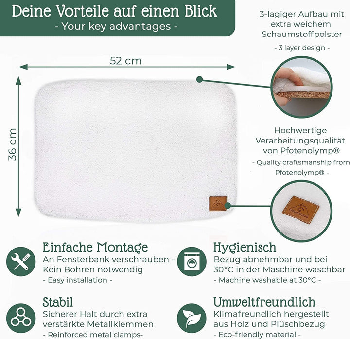 Pfotenolymp® Premium Selbstheizendes Liegebrett für Katzen am Fenster - Einzigartige Thermo Selbsthe