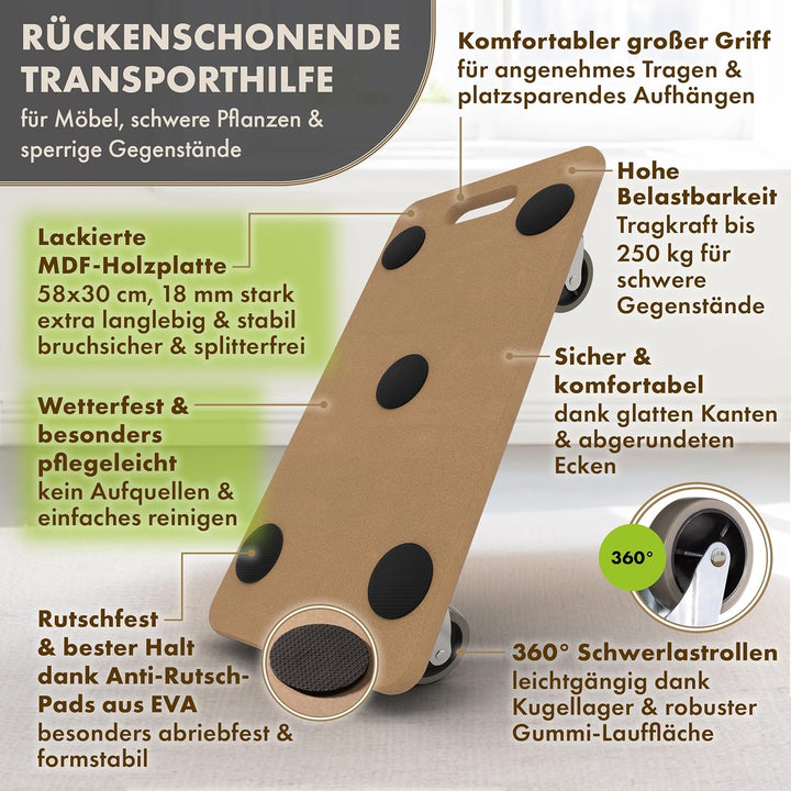 TTL Home Möbelroller Scooter Deluxe 58x30x11cm - 250kg Traglast lackiertes Rollbrett Transportroller
