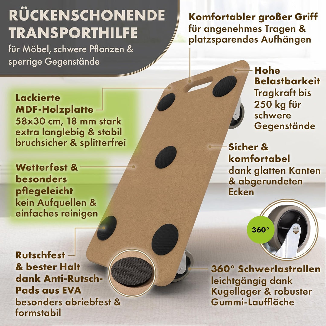 TTL HOME 3er Set Möbelroller SCOOTER DELUXE 58x30x11cm - 250kg Traglast lackiertes Rollbrett Transpo