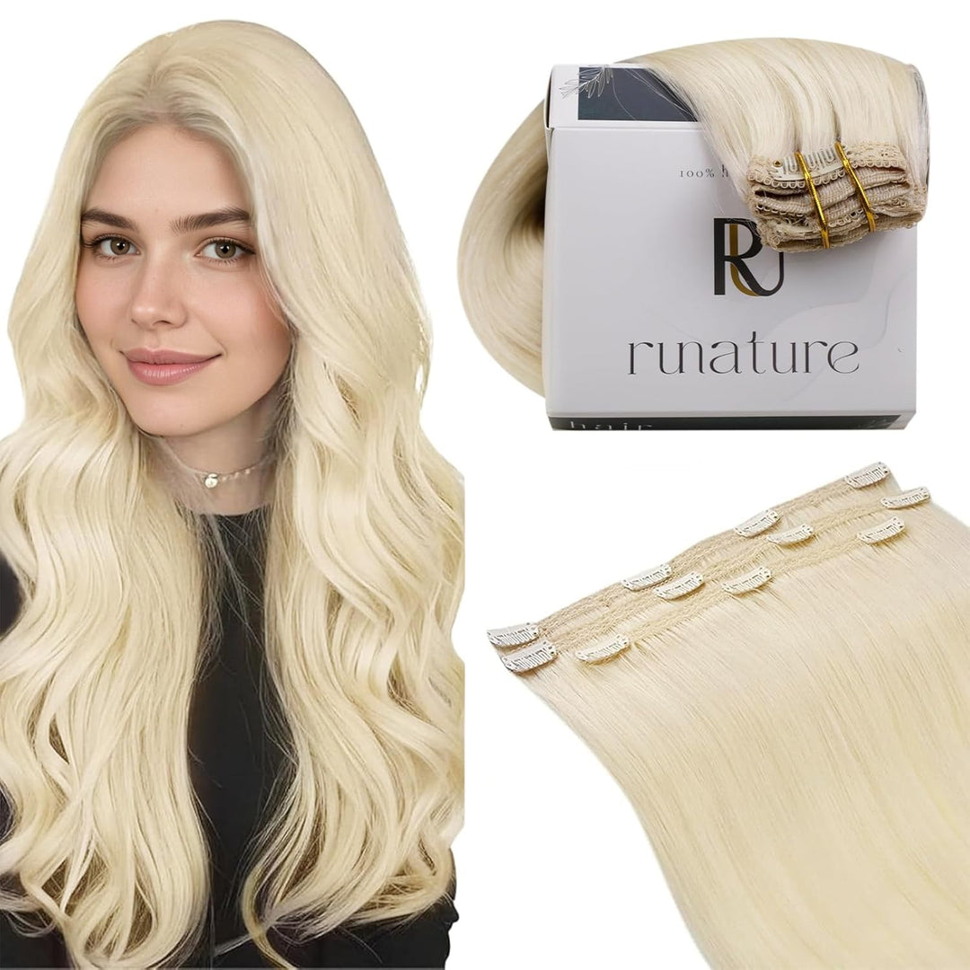RUNATURE Clip in Extensions 45cm Blond Clip Extensions Echthaar Weisse Blondine Remy Extensions Clip