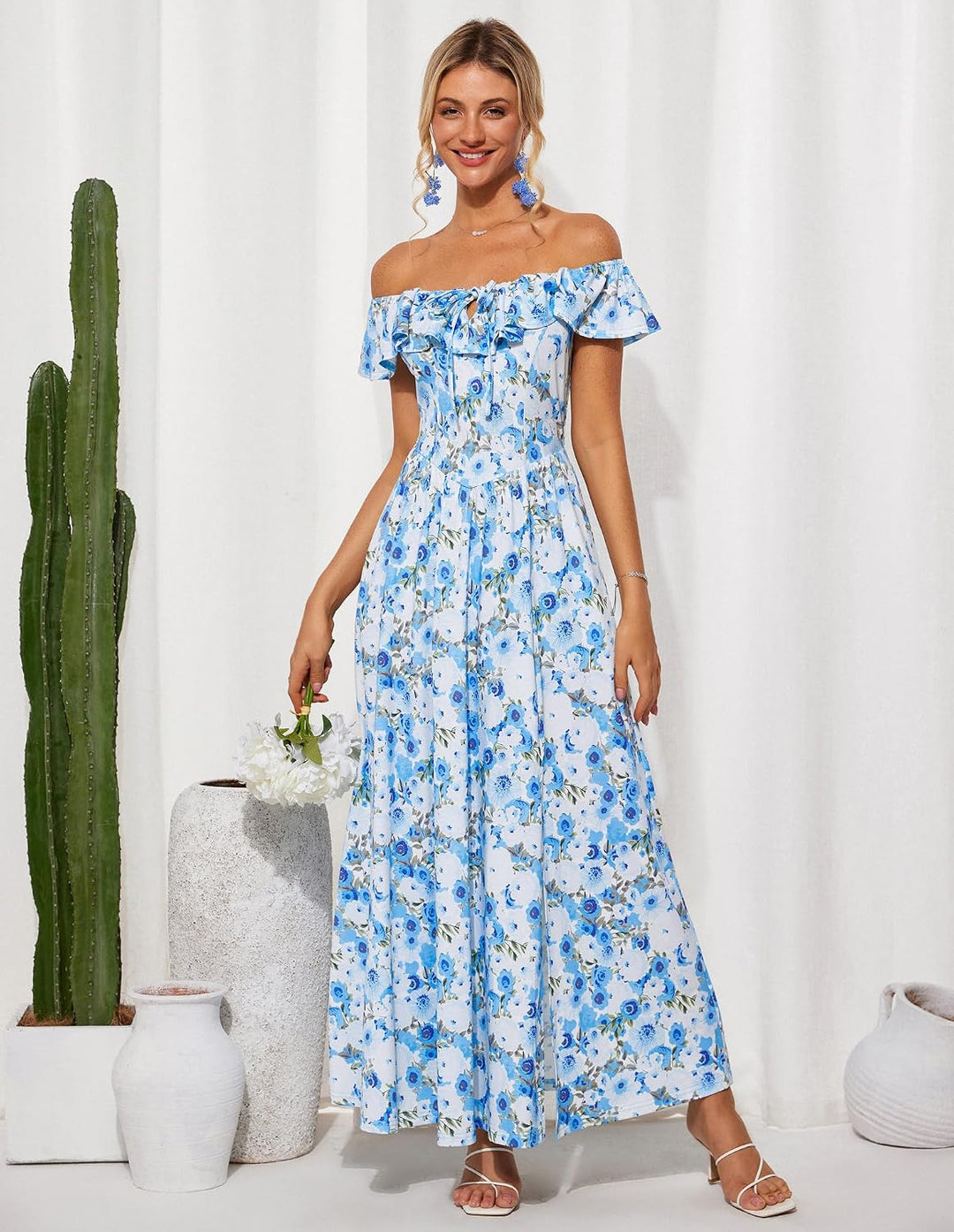 GRACE KARIN Damen Sommerkleid Lang Schulterfrei Rüschen Schlitz Boho Blumenkleid Elegant Hochzeitsgä
