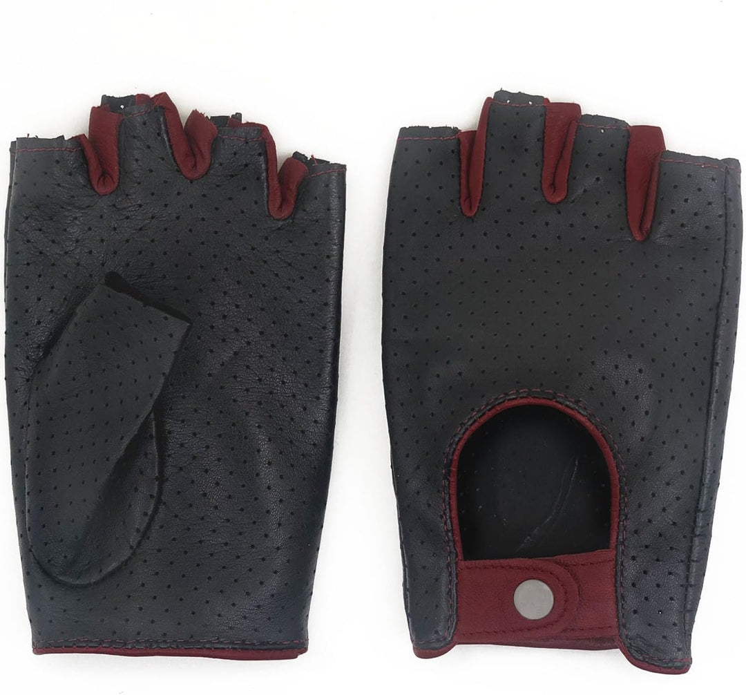 Damen-Lederhandschuhe Vollmaschige Fingerlose Halbfinger-Fahrhandschuhe Medium-7" Schwarz und Rot, M