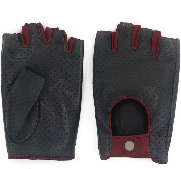 Damen-Lederhandschuhe Vollmaschige Fingerlose Halbfinger-Fahrhandschuhe Medium-7" Schwarz und Rot, M