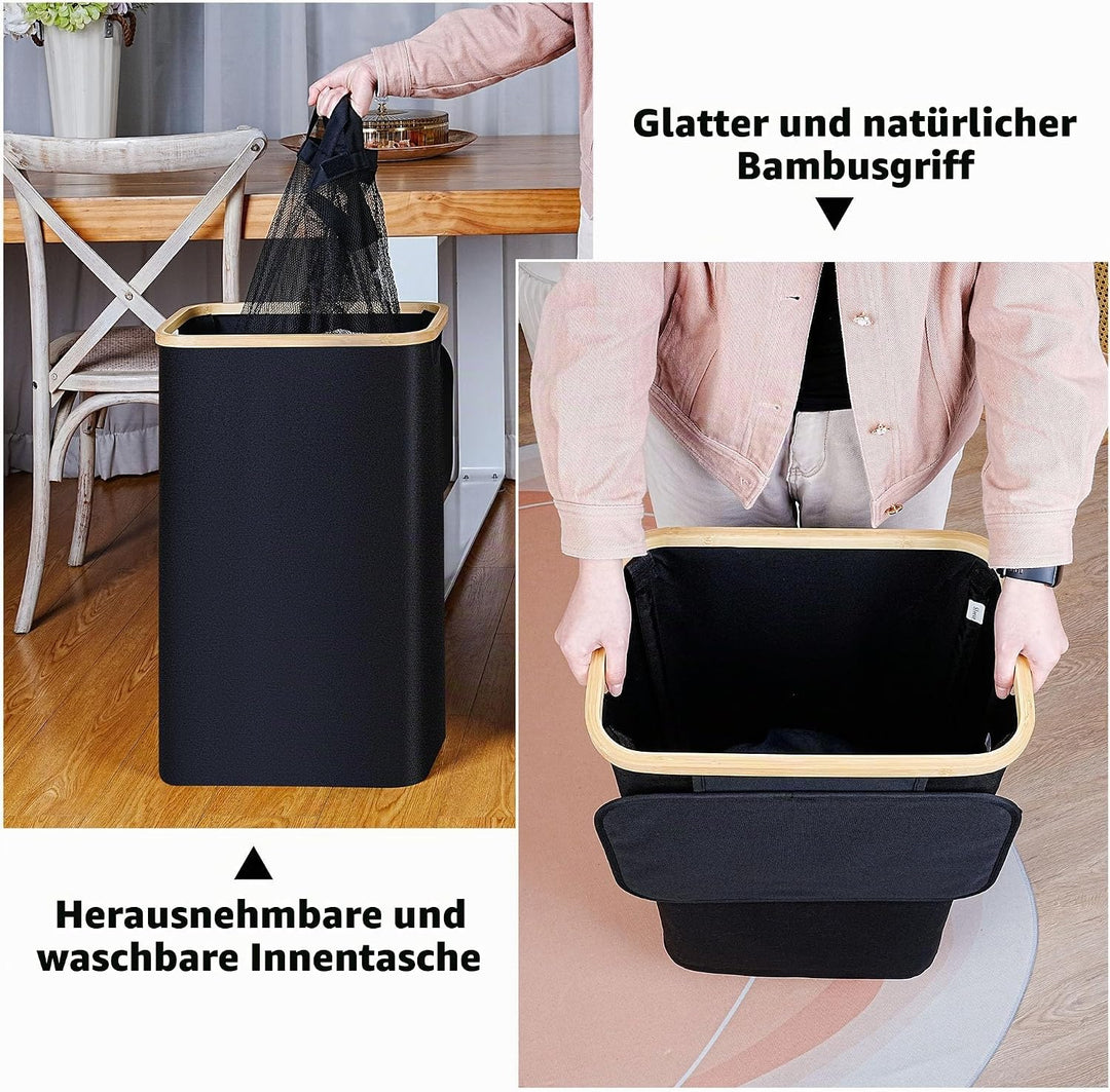 iEGrow Wäschekorb mit Deckel 75L, Wäschekorb Schmal mit herausnehmbarer und waschbarer Innentasche,