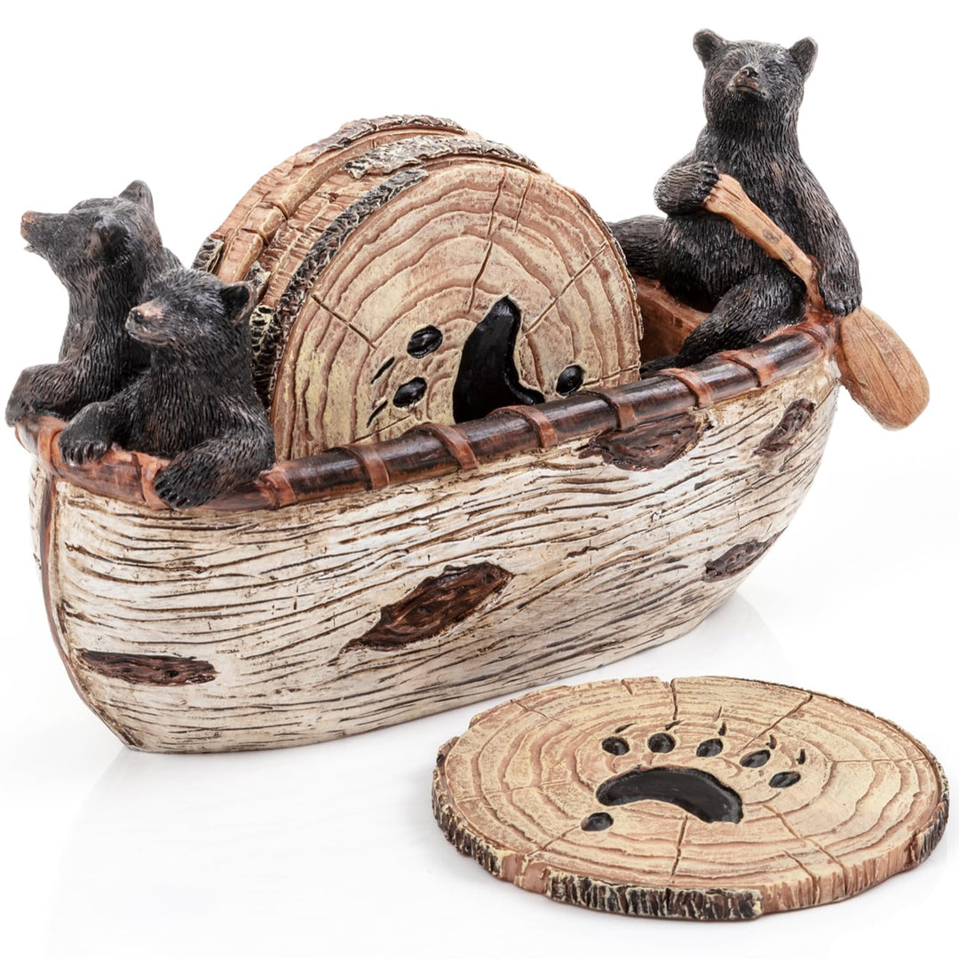 Bear Coasters Set of 6 Rustic Full Size Coasters in Handmade Canoe with Adorable Black Bear Figurine