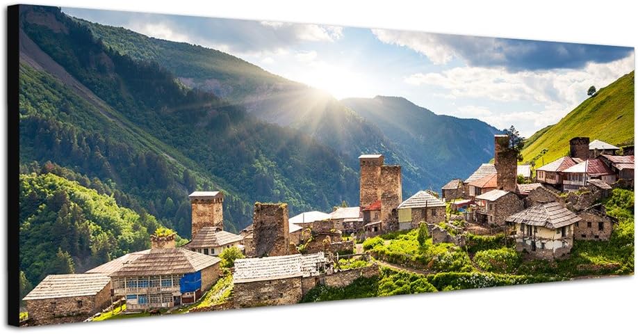 Paul Sinus Art Panoramabild auf Leinwand und Keilrahmen 120x40cm Georgien Kaukasus Bergdorf Berge Wi