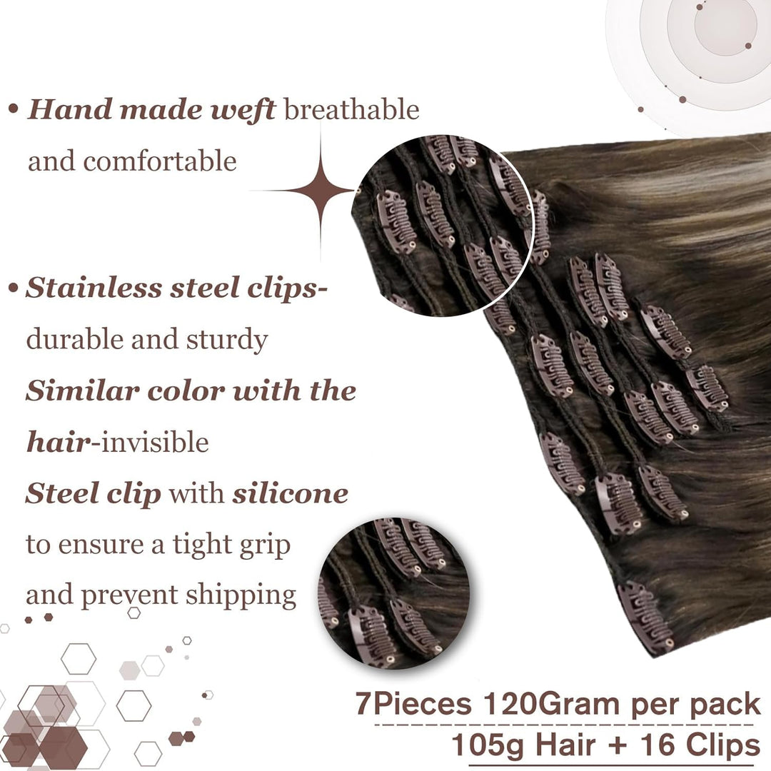Hetto Echthaar Extensions Clip Balayage Dunkelbraun zu Hellbraun & Hellashblond 55cm 120g 7pcs - Inv