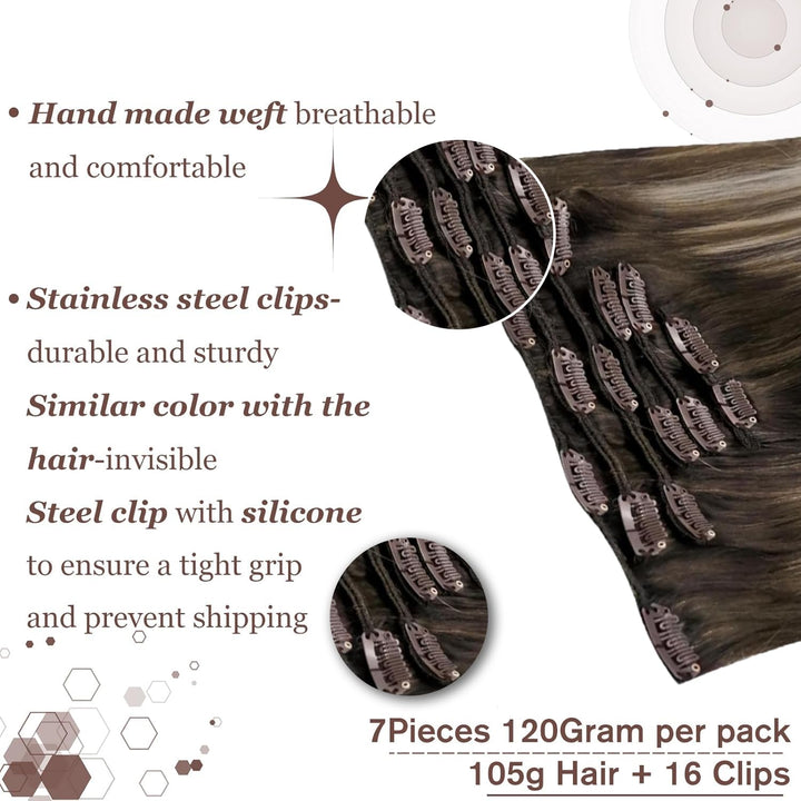 Hetto Echthaar Extensions Clip Balayage Dunkelbraun zu Hellbraun &amp; Hellashblond 50cm 120g 7pcs - Inv