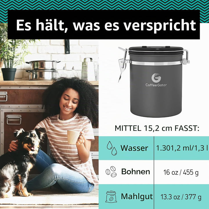 Coffee Gator Kaffeedose Edelstahl, Luftdicht Vorratsdose mit Deckel, Datum Tracker, CO2-Freigabevent