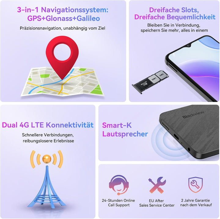 Blackview Handy Ohne Vertrag Günstig Android 14, 6GB+64GB/2TB SD, Octa Core 6,56" HD+, Akku 4700mAh,