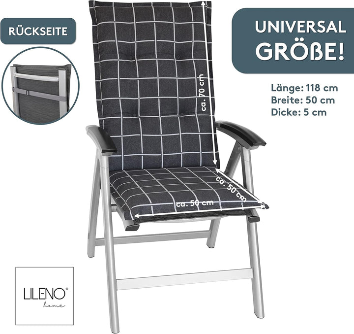 LILENO HOME Gartenstuhl Auflagen als [2er Set - Hochlehner] in Yacht-Karo Anthrazit - Bequeme Liegen