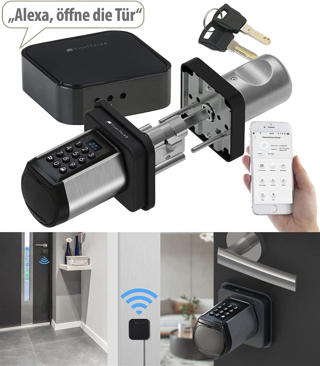 VisorTech Türschlösser: Elektronischer Tür-Schliesszylinder, Code, 2 Schlüssel, IP44, m Gateway (Tür
