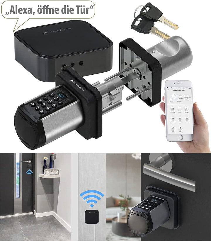 VisorTech Türschlösser: Elektronischer Tür-Schliesszylinder, Code, 2 Schlüssel, IP44, m Gateway (Tür