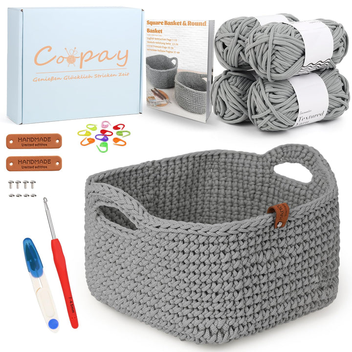 Coopay Häkelset für Anfänger, Square Körbe Häkel Set mit Häkelanleitung, DIY Häkelset für Körbe Häke