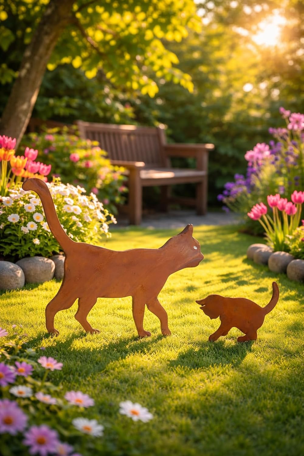 Bornhöft Gartendeko Gartenstecker Katze mit Kitte Katzenbaby Edelrost Rost-Optik Metallfigur, Garten
