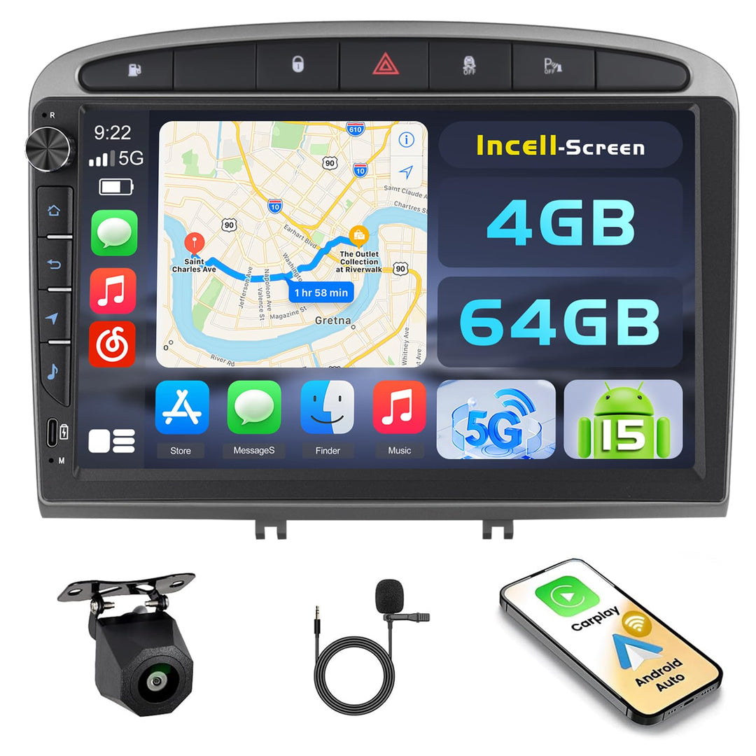 Hikity Android 15 4+64GB Autoradio für Peugeot 308 408 2007-2015 mit 9 Zoll Incell Touchscreen, Auto