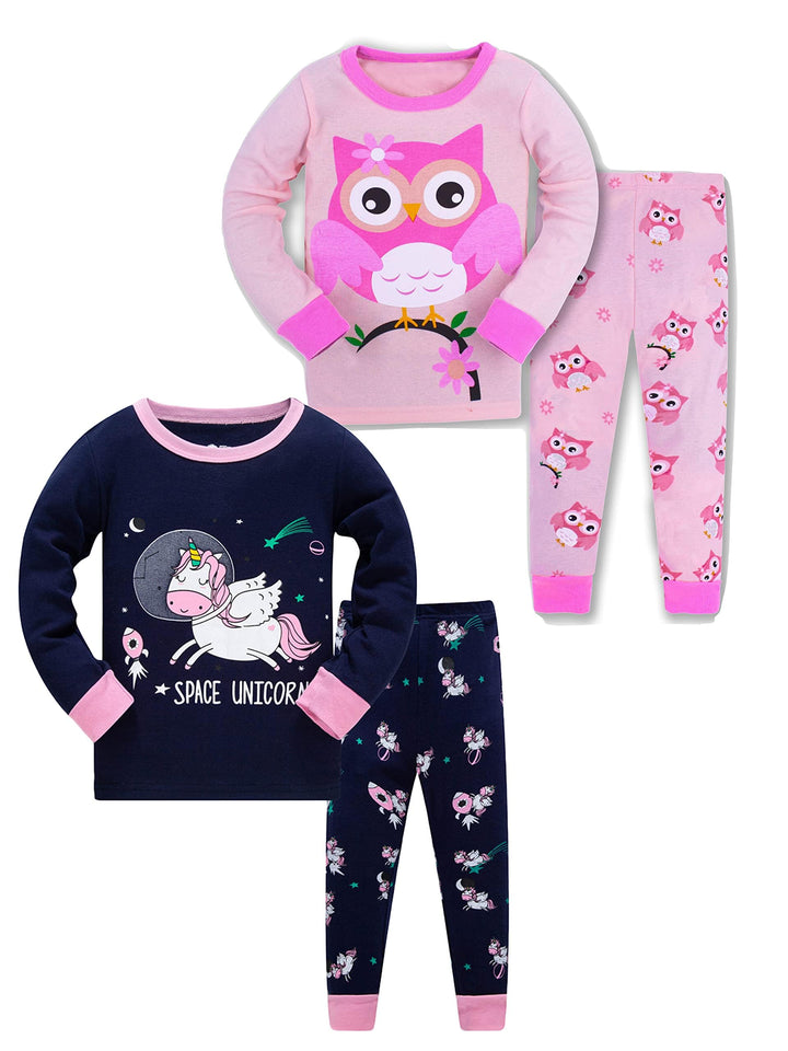 Mädchen Pyjamas Set Pyjamas 100% Baumwolle PJs Langarm Kurzarm Nachtwäsche 2-12 Jahre Einhorn-eule 3