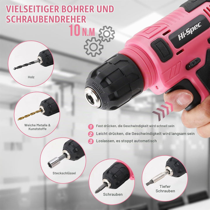 Hi-Spec Pinker Werkzeugkoffer mit Akkuschrauber. 8V USB Akkubohrschrauber, Bit set und Komplettes We