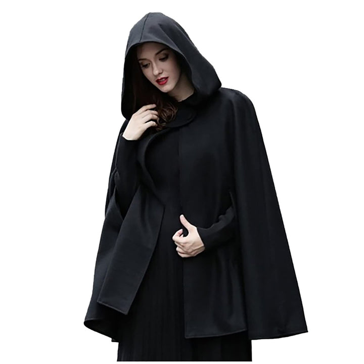 Wollen Umhang mit Kapuze Damen Vintage Einfarbig Poncho Robe Halloween Kostüm Leichte Trenchcoat Win