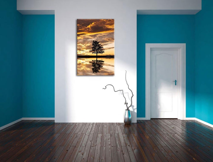 Pixxprint Insel im Meer Baum Sonnenaufgang Steine, Format: 100x70 auf Leinwand, 100x70