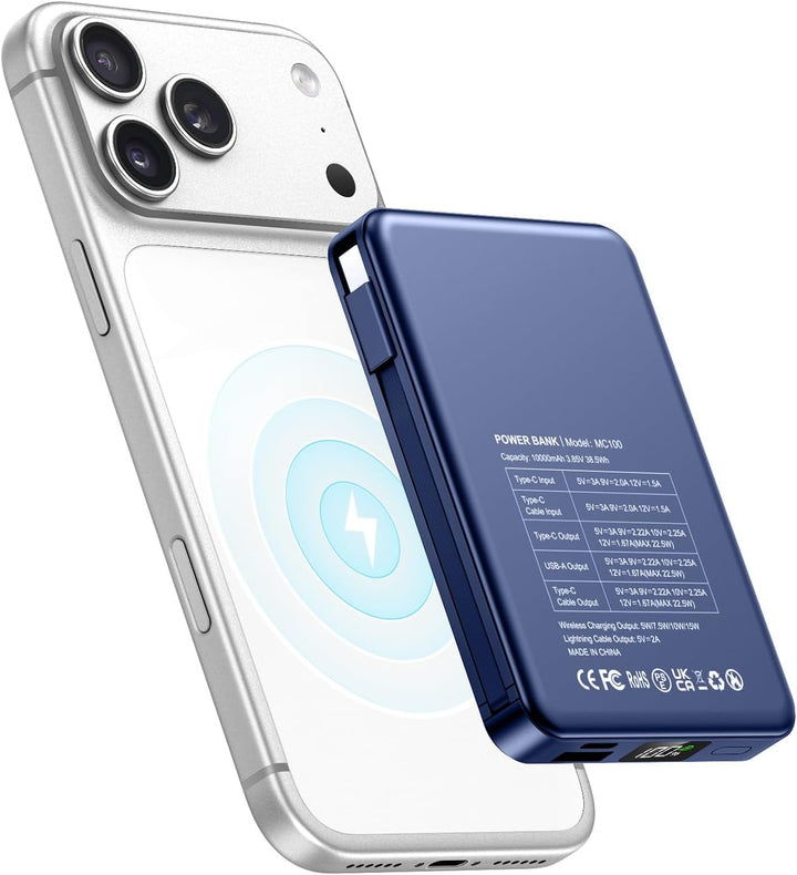 Magsaf Power Bank 10000mAh，Wireless Magnetische Powerbank Schnelles Laden mit LED-Display Mini Power