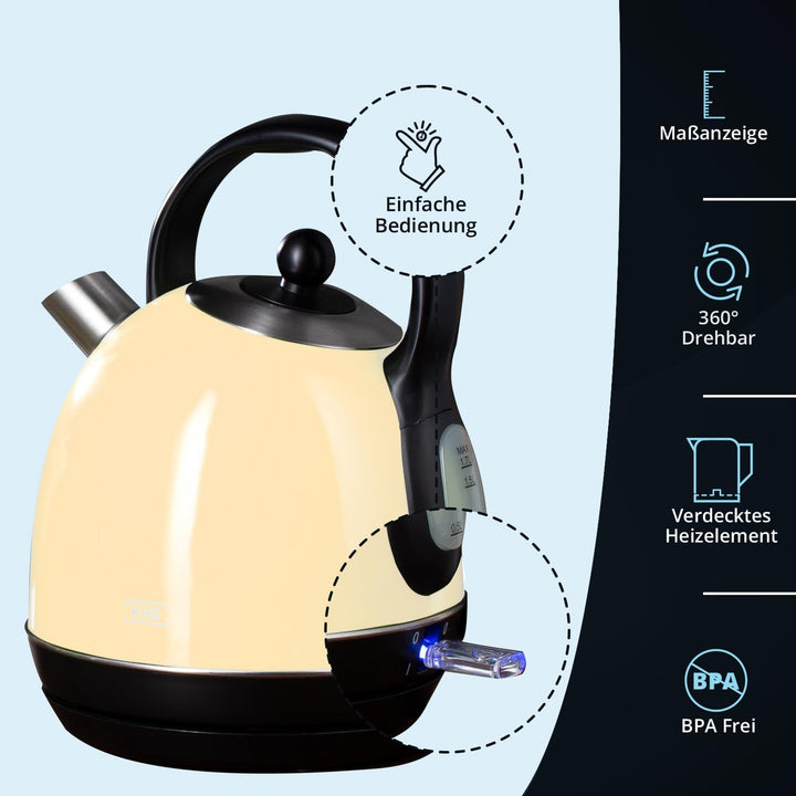 KHG WK-1711 (C) Wasserkocher Retro 1,7 Liter | Kessel-Wasserkocher in Creme | 360° Sockel | Kalkfilt