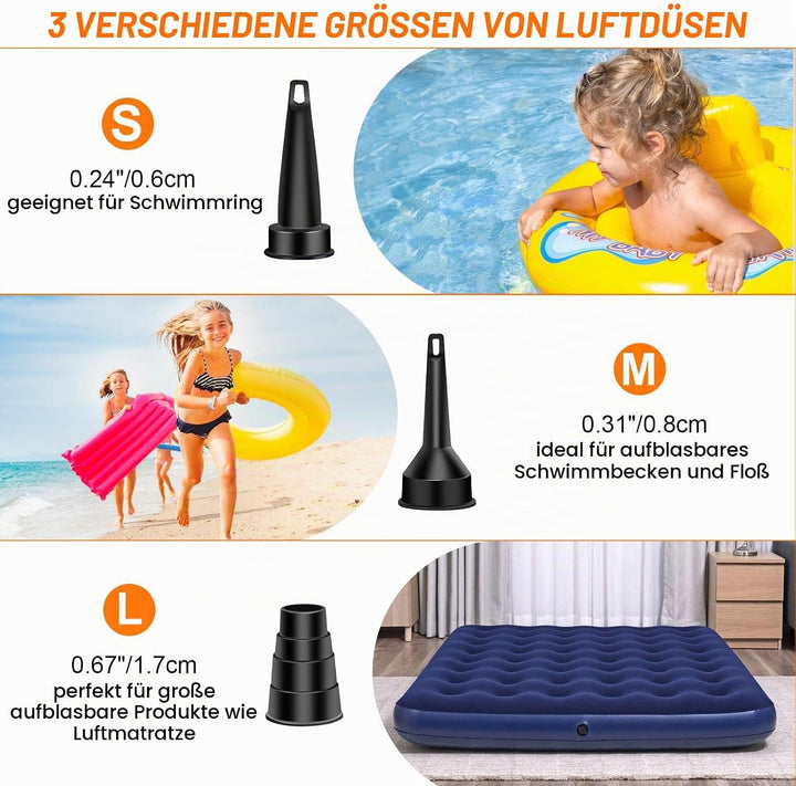JOPHEK Elektrische Luftpumpe, 4000 mAh, mit USB, Luftmatratze, aufblasbar, 3 Luftdüsen, tragbar, ele
