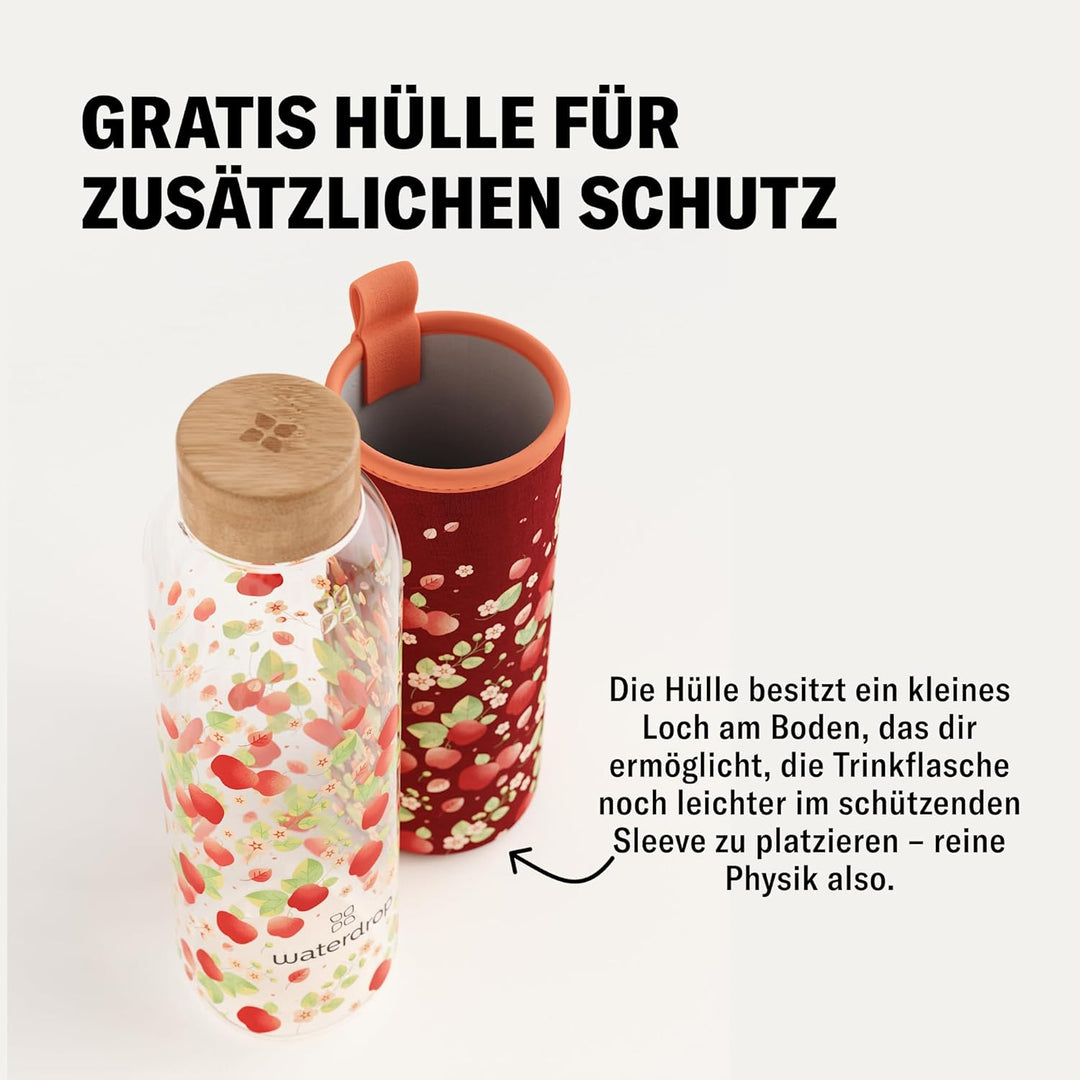 waterdrop® Flasche aus Glas 600ml - Trinkflasche Kohlensäure geeignet, BPA fei & spülmaschinenfest -