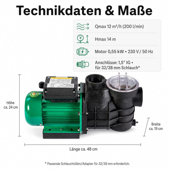 HST Leis Poolpumpe 12m3, 12000 Liter/Std, 550 W I Erweiterbare Filterpumpe mit geringer Energieaufna