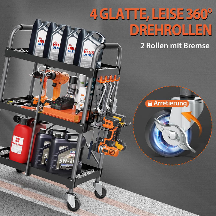 KINGRACK 3-Ebenen servierwagen klappbar mit Rollen ergonomischem Griff, klappbar Allzweck-Dienstwage