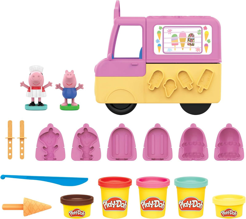 Play-Doh Peppas Eiswagen Spielset, Peppa und Schorsch Figuren und 5 Dosen, Multicolour, Einheitsgrös