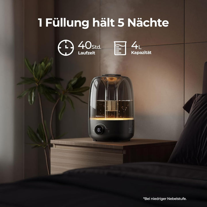 Homvana Luftbefeuchter Schlafzimmer Humidifier - 4L Topfill Cool Mist Raumbefeuchter 40H Runtime, Di