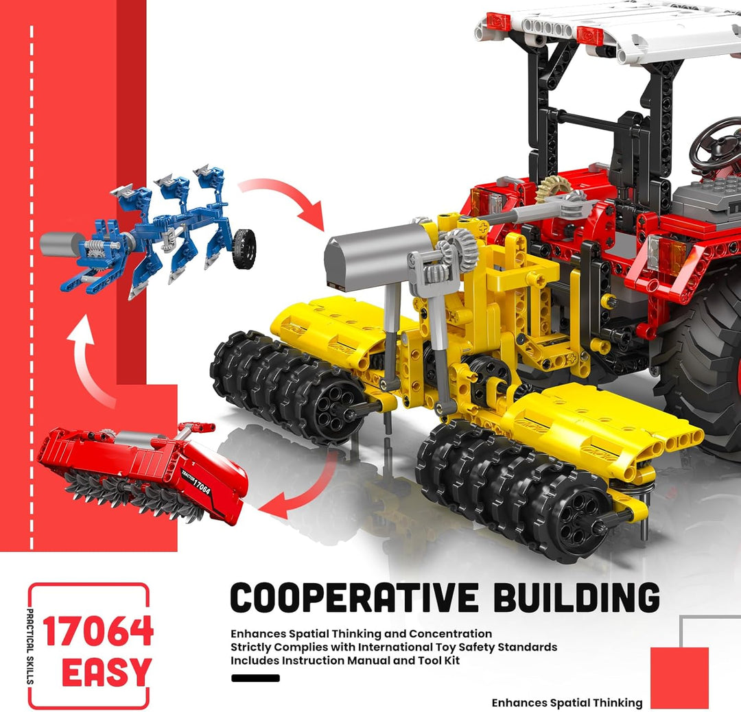 Mould King Traktor-Bausatz, 17064 Landwirtschaftsmodell mit Motor und Fernbedienung, 3 Front-Anbauge