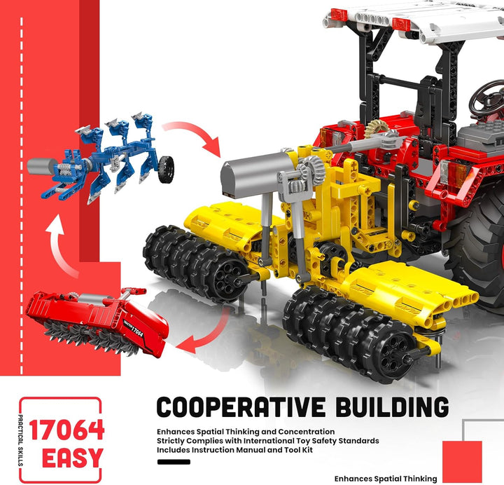 Mould King Traktor-Bausatz, 17064 Landwirtschaftsmodell mit Motor und Fernbedienung, 3 Front-Anbauge