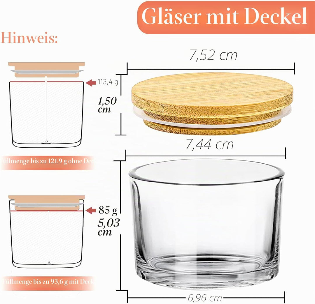 CONNOO 15 Stück 120 ml Klare Glas-Kerzengläser mit luftdichten Bambusdeckeln zum Kerzenmachen, klein